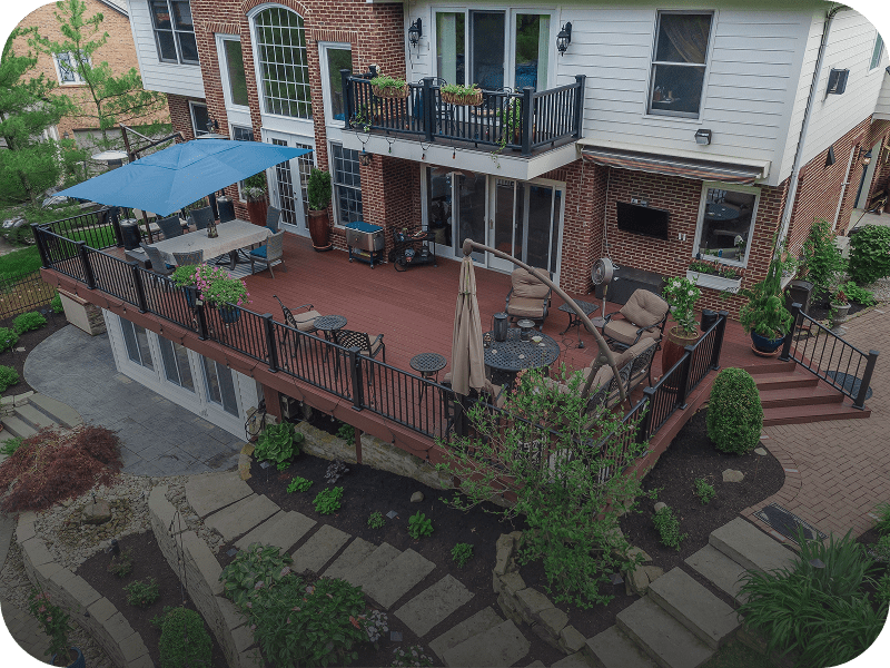 Large backyard deck with seating area