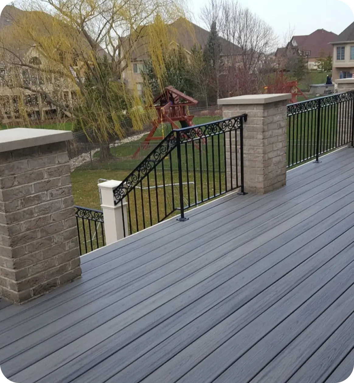 Elevated deck with metal railing